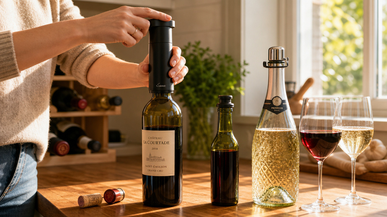 Pessoa a abrir garrafa de vinho tinto com saca-rolhas elétrico numa cozinha iluminada.