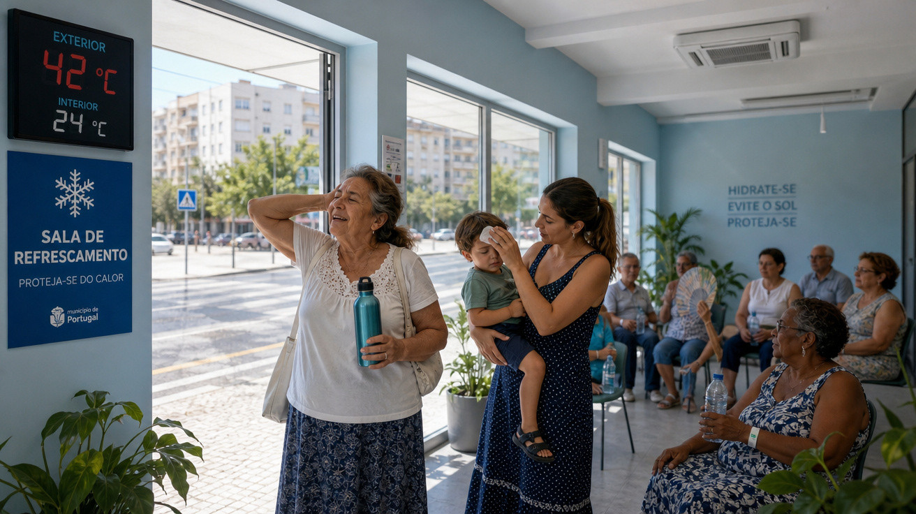 Pessoas de várias idades numa sala de refrescamento com temperatura exterior de 42°C e interior de 24°C.