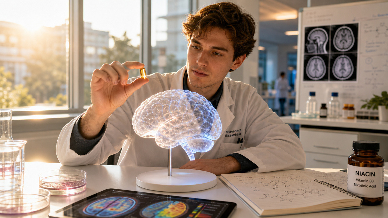 Cientista em laboratório observa cápsula perto de modelo holográfico do cérebro com imagens e frasco de niacina.