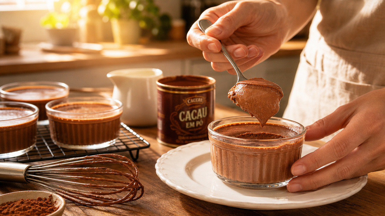 Mãos a colocar colherada de mousse de chocolate em taça em cozinha com cacau em pó e batedor ao lado.