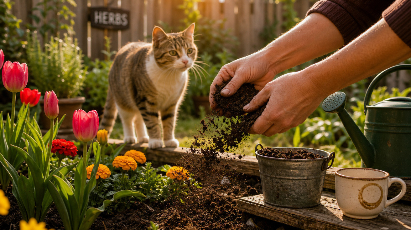 Mãos a preparar terra para plantar num jardim com flores coloridas e um gato observando ao fundo.
