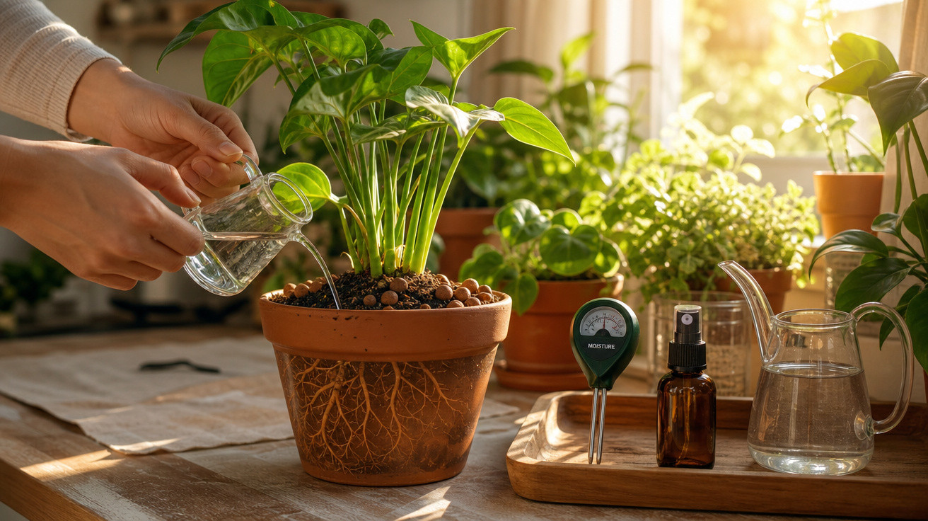 Mãos a regar planta em vaso com luz natural, medidor de humidade e jarra de água numa mesa de madeira.