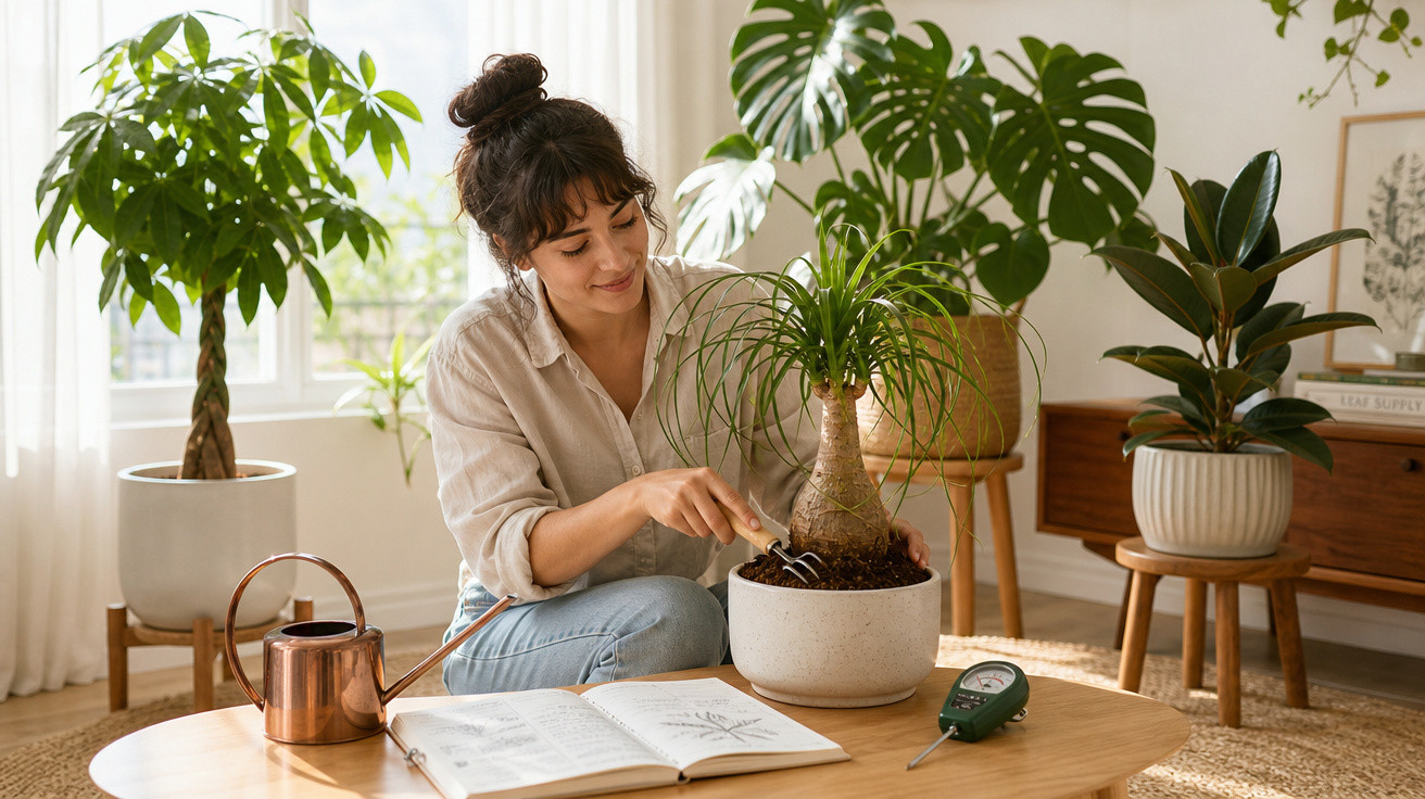 Mulher a cuidar de planta num vaso, com regador, livro aberto e medidor de humidade numa sala iluminada.