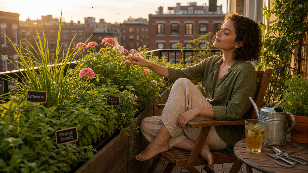 Mulher sentada numa varanda urbana a cuidar de plantas e flores ao pôr do sol com edifícios ao fundo.