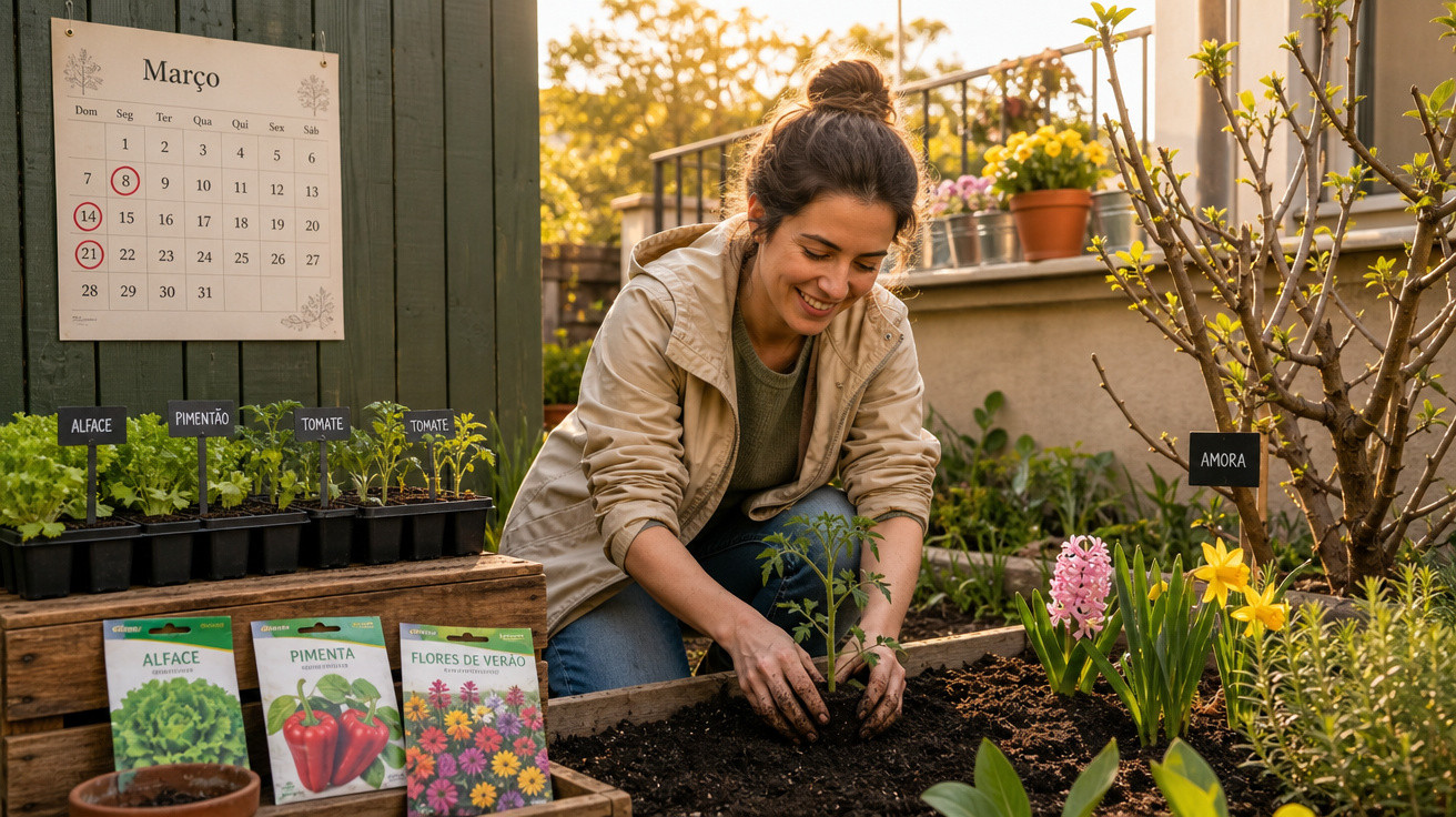 Mulher a plantar muda num jardim com etiquetas e calendário de Março na cerca verde.