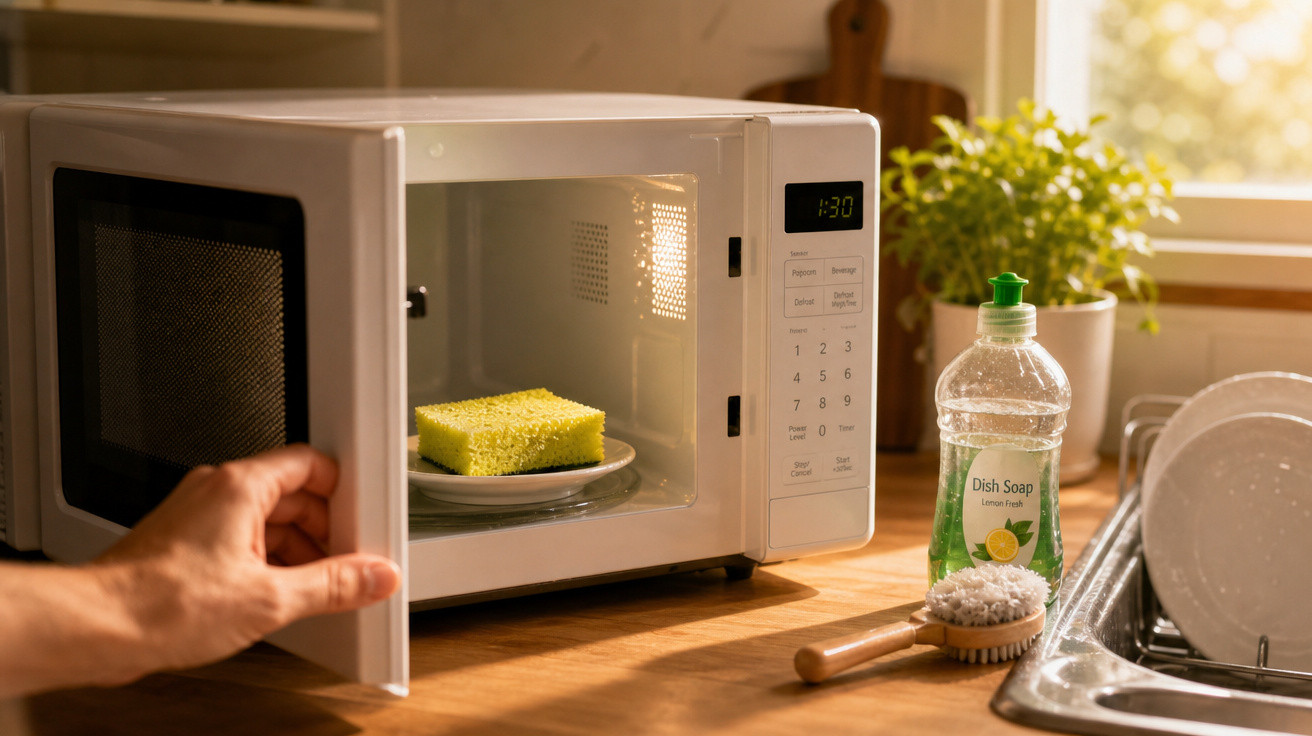 Pessoa abre micro-ondas com esponja dentro, detergente, escova e pratos ao lado da pia de cozinha.