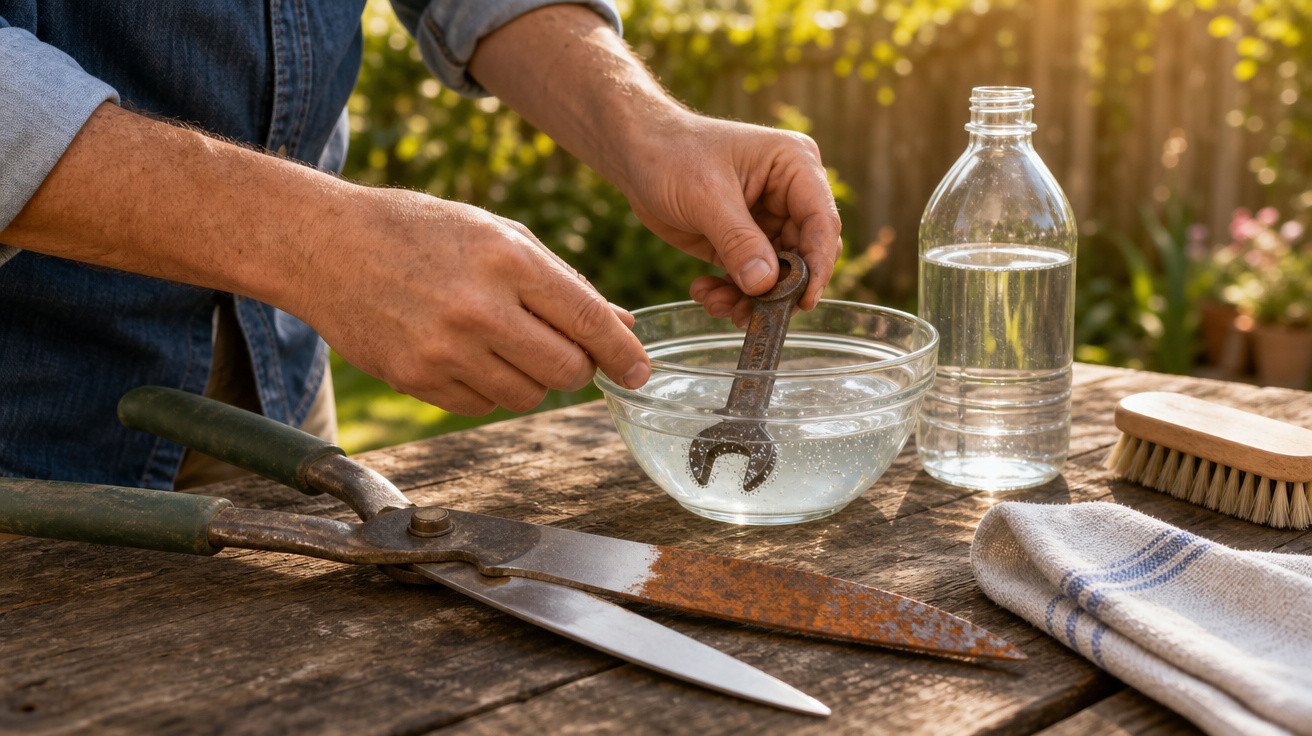 Mãos a limpar uma chave inglesa oxidada em água com utensílios de limpeza numa mesa de madeira.