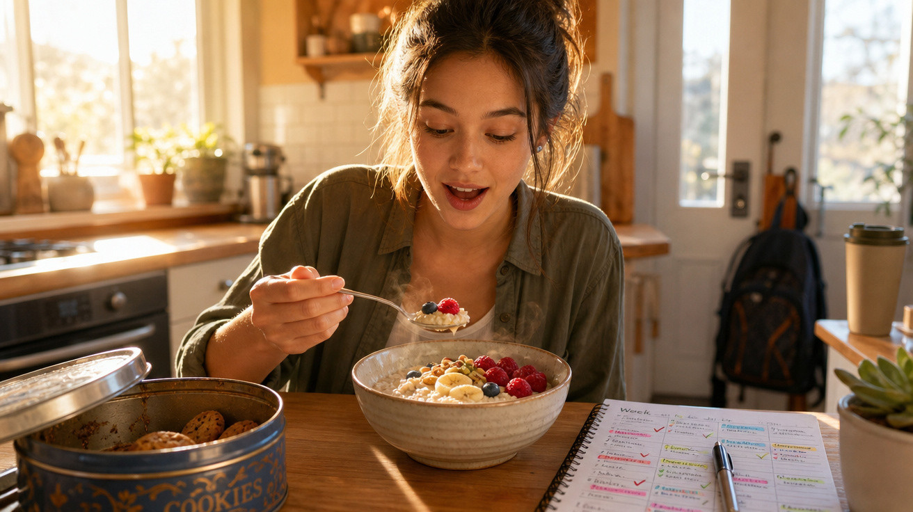 Mulher jovem a saborear uma tigela de papas com frutas, sentada à mesa com um caderno aberto à frente.