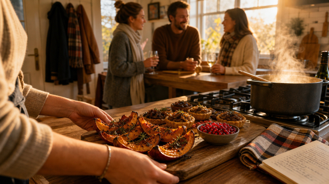 Pessoa a servir pratos com abóbora assada e tarteletes, enquanto três pessoas conversam numa cozinha acolhedora.