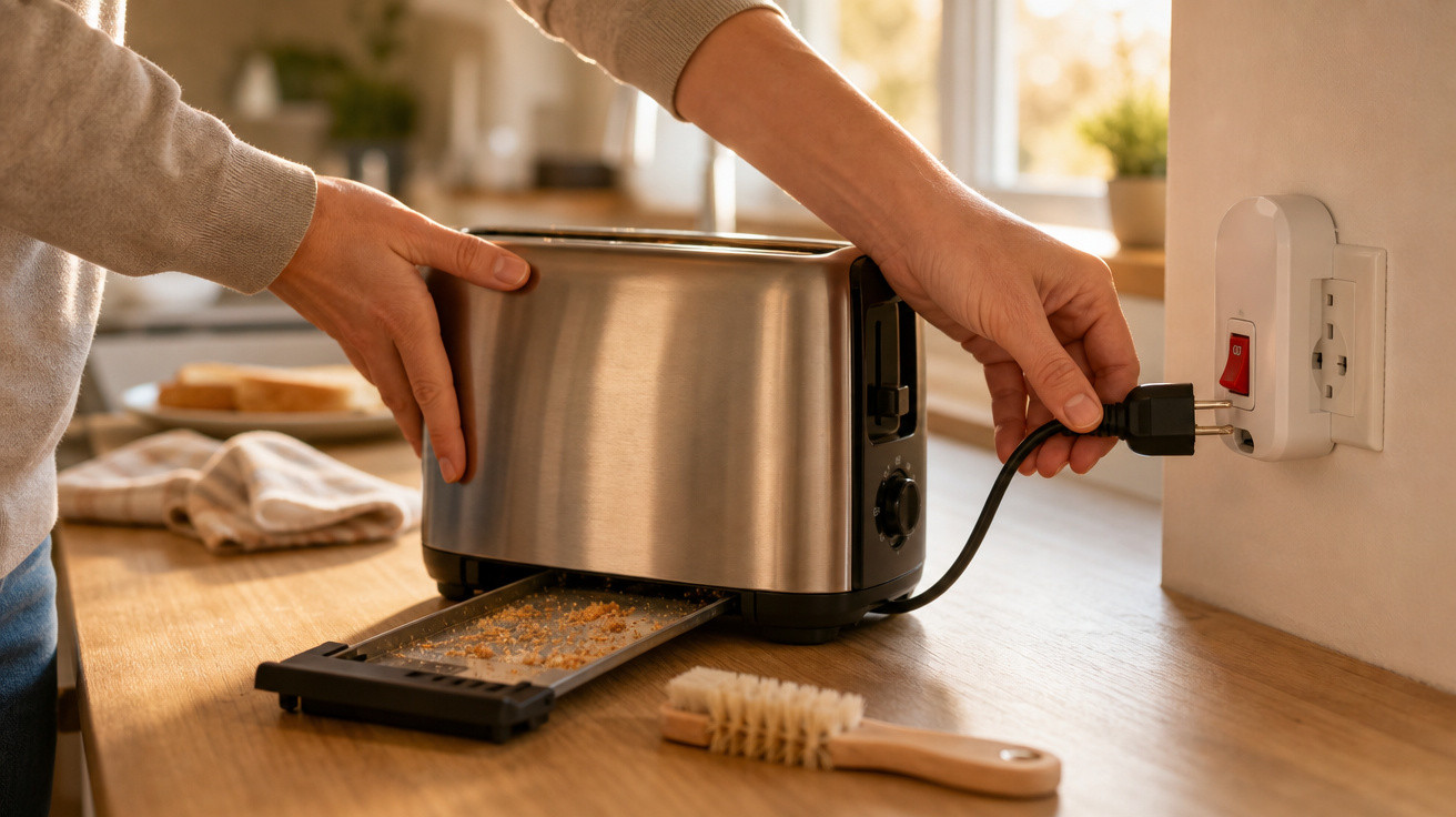 Pessoa a ligar uma torradeira metálica na tomada numa cozinha com luz natural.