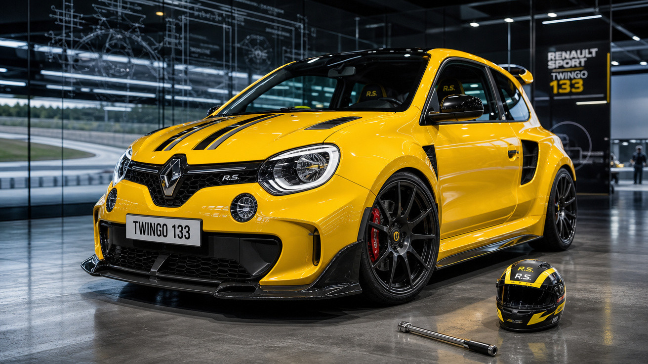 Carro desportivo Renault Twingo 133 amarelo com capacete e ambiente de pista indoor.