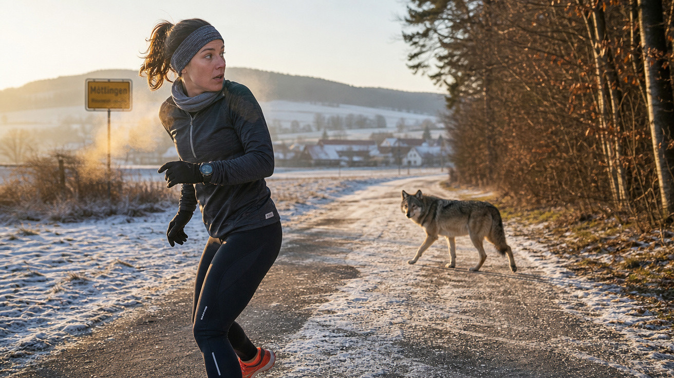 Mulher assustada ao correr numa estrada com neve com um lobo a aproximar-se por trás ao amanhecer.