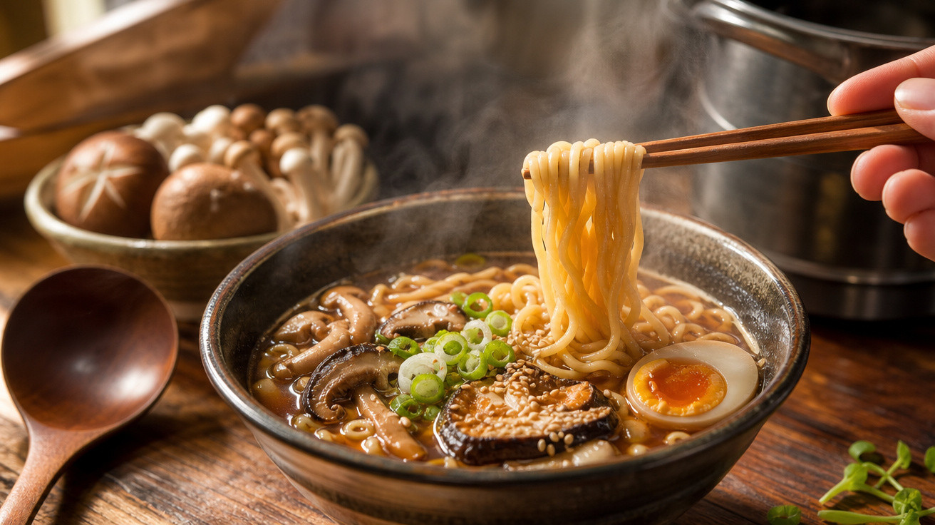 Tigela de ramen fumegante com noodles, ovo, cogumelos e cebolinho, sendo levantados com pauzinhos.