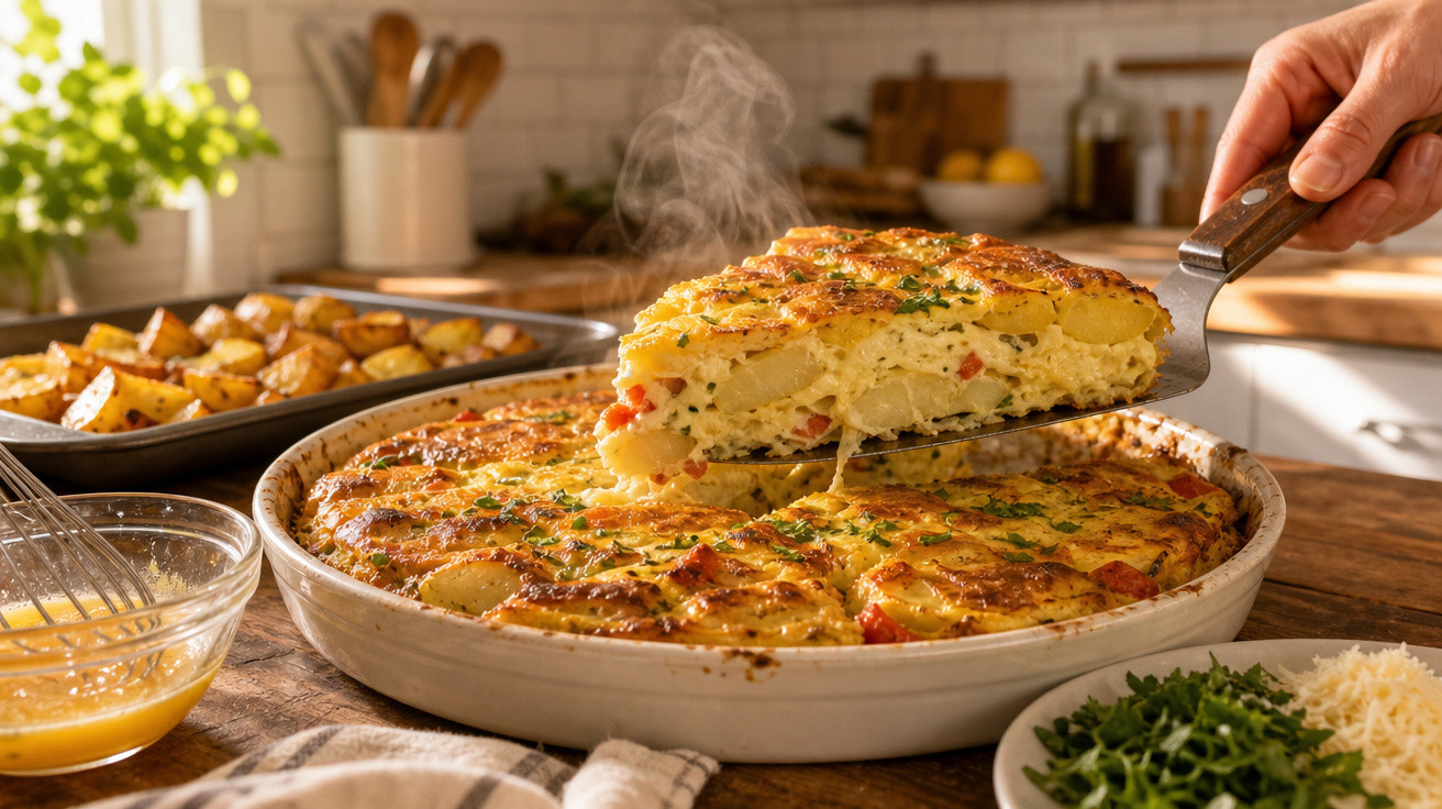 Fatia quente de tortilha de batata com legumes a ser servida numa cozinha iluminada e acolhedora.