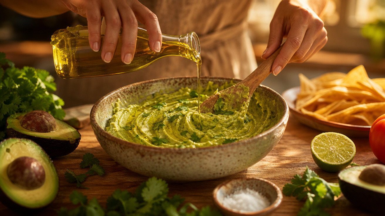 Pessoa a deitar azeite num prato com guacamole, rodeado de abacates, ervas e limão cortado ao meio.
