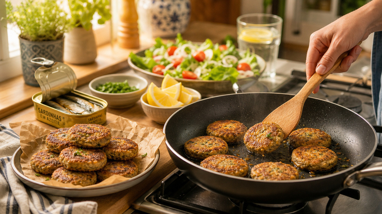 Hambúrgueres vegetarianos a serem fritos numa frigideira com limão, salada e sardinhas em azeite ao lado.