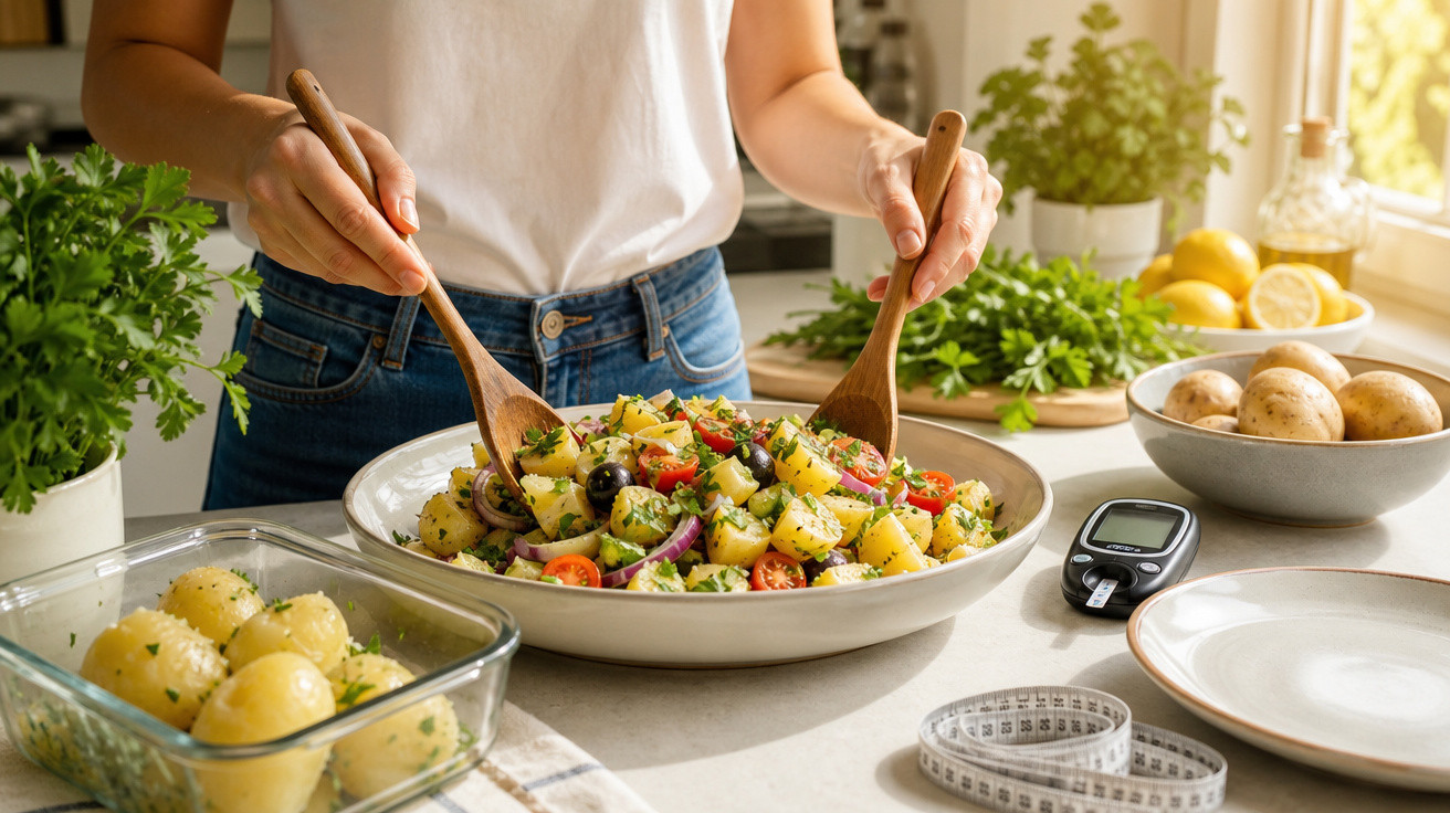 Pessoa a preparar salada de batata com tomate, azeitonas e cebola numa cozinha iluminada.
