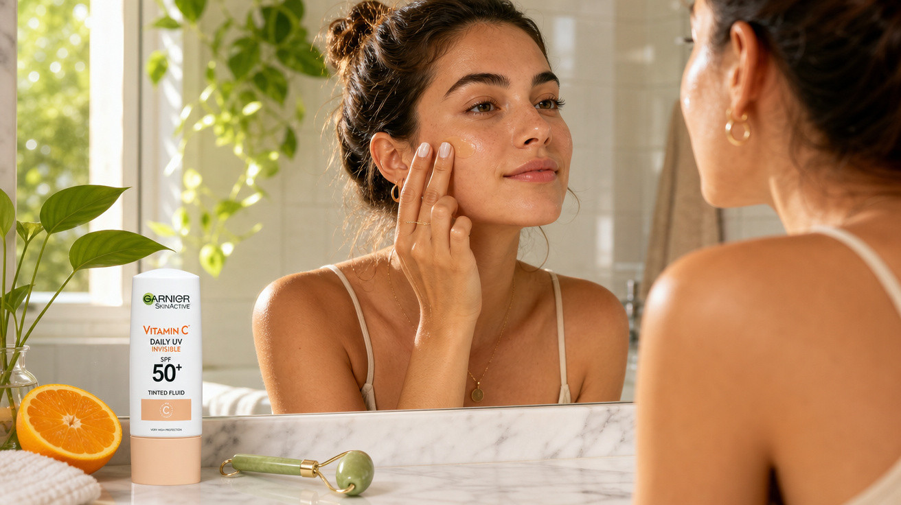 Mulher aplica creme facial enquanto se olha ao espelho, com serum de vitamina C e laranja na bancada.