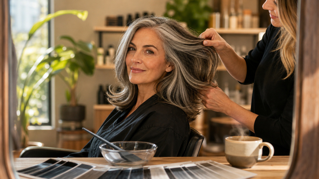 Mulher com cabelo grisalho sentada num salão de cabeleireiro enquanto a cabeleireira arruma o seu cabelo.