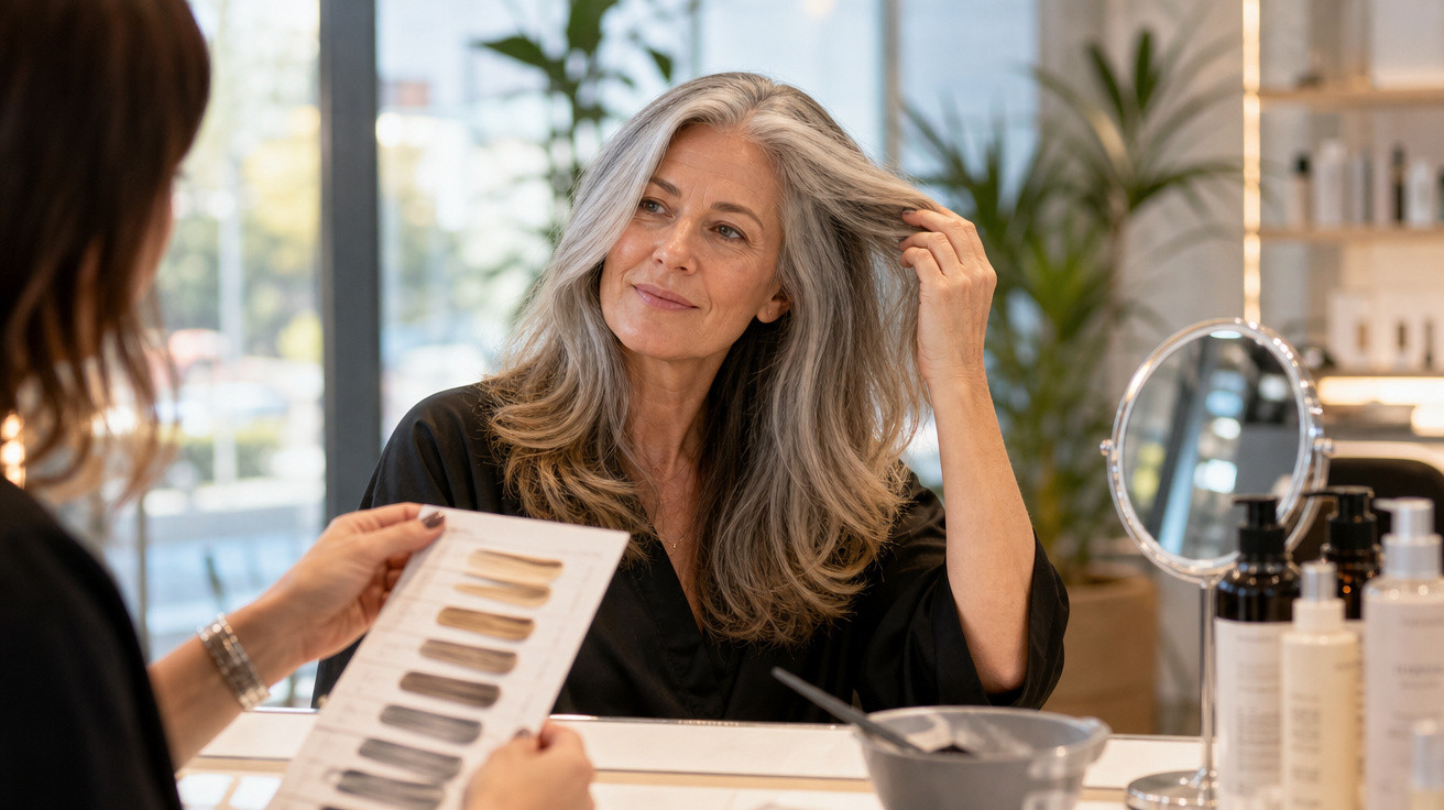 Mulher com cabelo grisalho consulta amostras de cor num salão de beleza moderno.