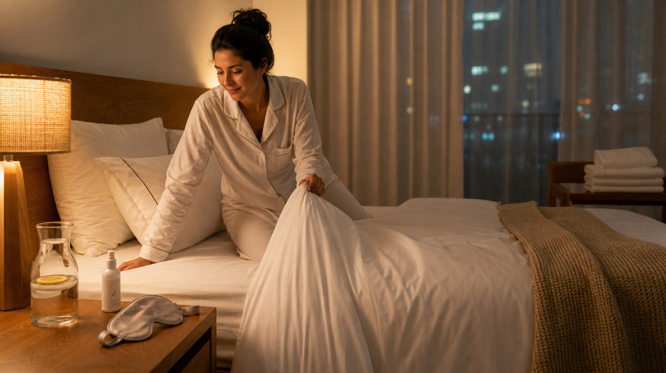 Mulher de pijama a arrumar a cama num quarto com luz suave e janela com vista noturna.