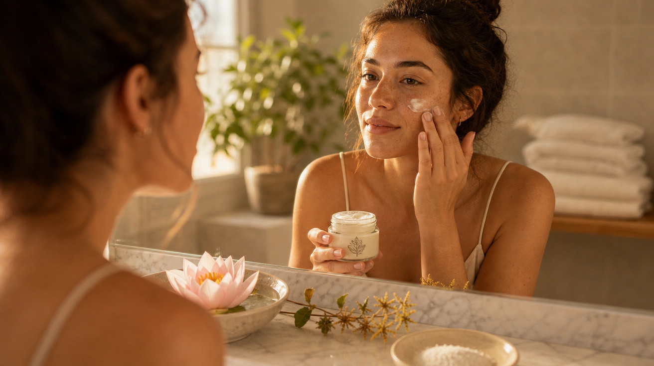Mulher a aplicar creme facial junto a um espelho numa casa de banho luminosa e decorada com plantas.