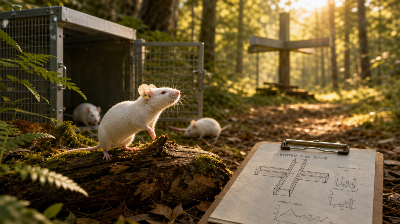 Ratos brancos em ambiente florestal com armadilha metálica e prancheta com desenhos científicos no chão.