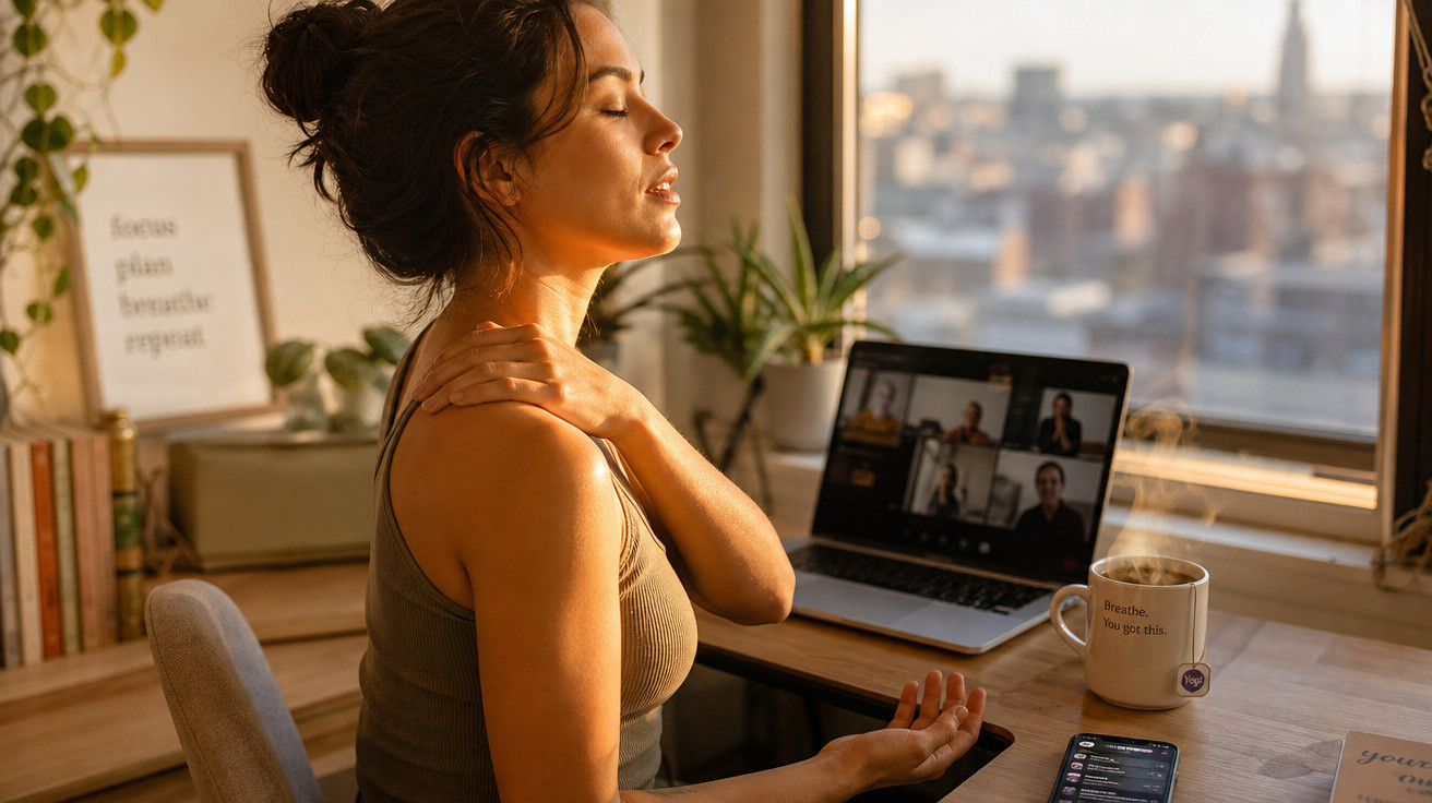 Mulher a fazer pausa para relaxar e alongar ombros durante videoconferência ao pôr do sol.