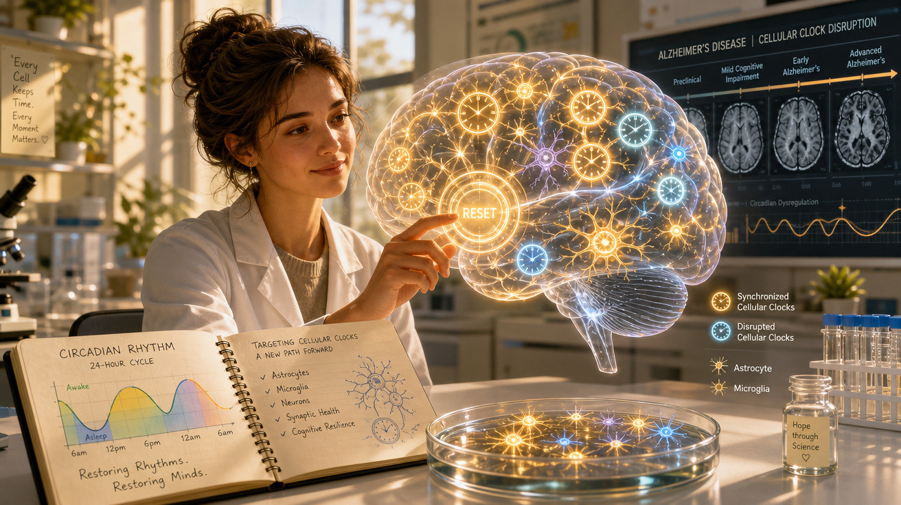 Mulher cientista com bata em laboratório interage com cérebro holográfico ilustrando ritmo circadiano e Alzheimer.