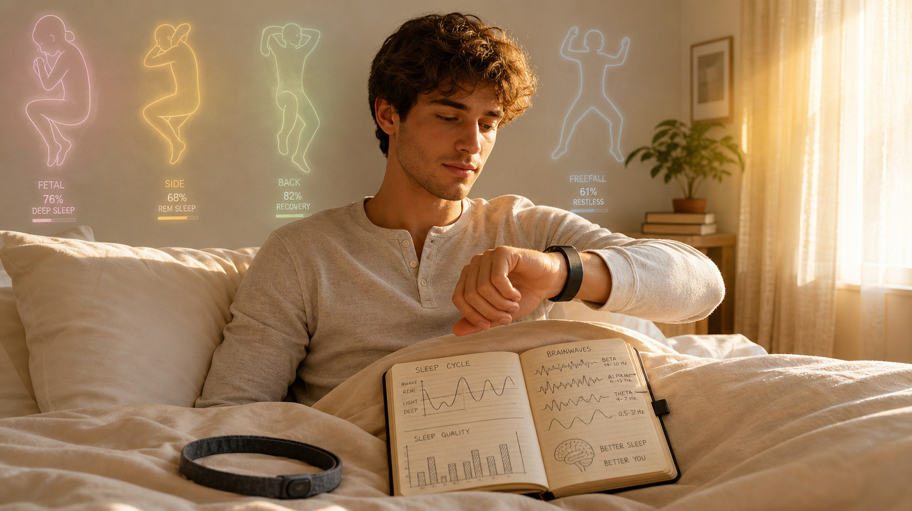 Homem na cama a consultar dados de sono num caderno, com gráficos e estatísticas holográficas ao fundo.