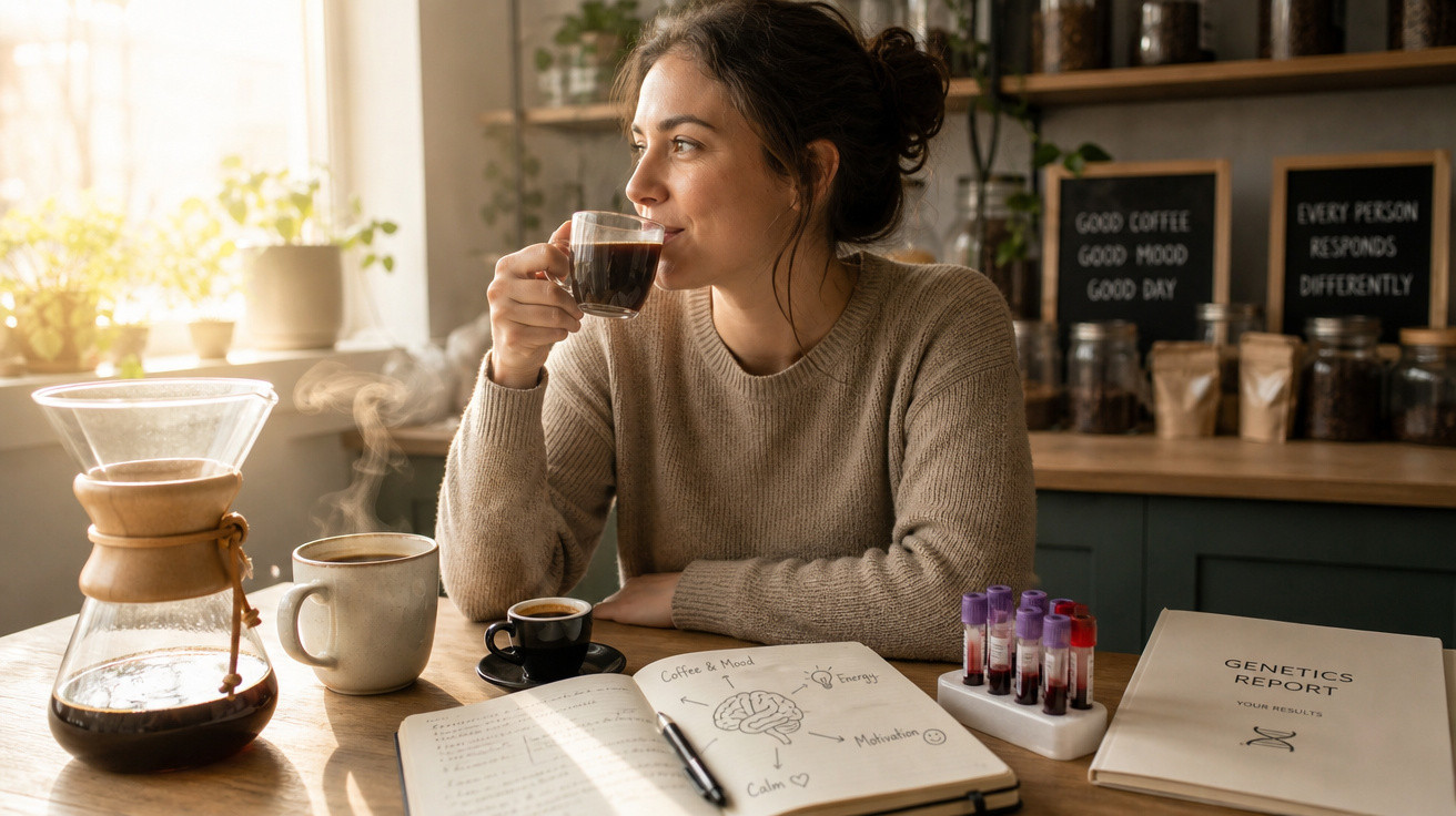 Mulher sentada a beber café, com material de estudo e relatório de genética numa mesa iluminada por luz natural.