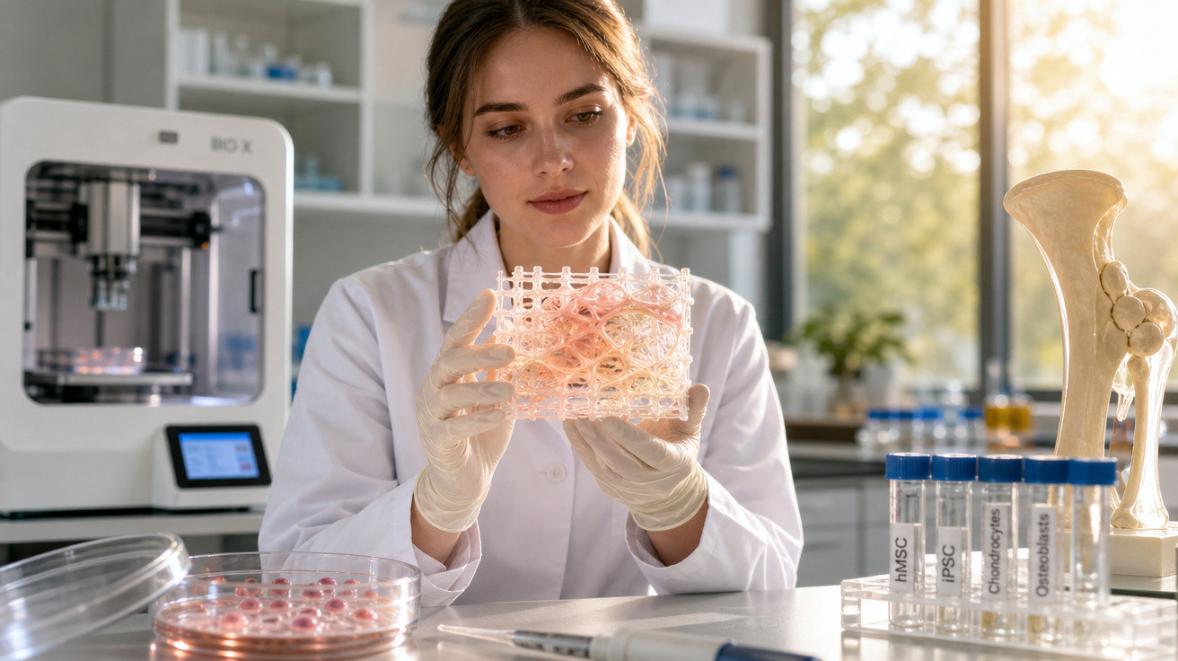 Cientista em laboratório a examinar estrutura biológica tridimensional impressa com equipamento de bioimpressão.