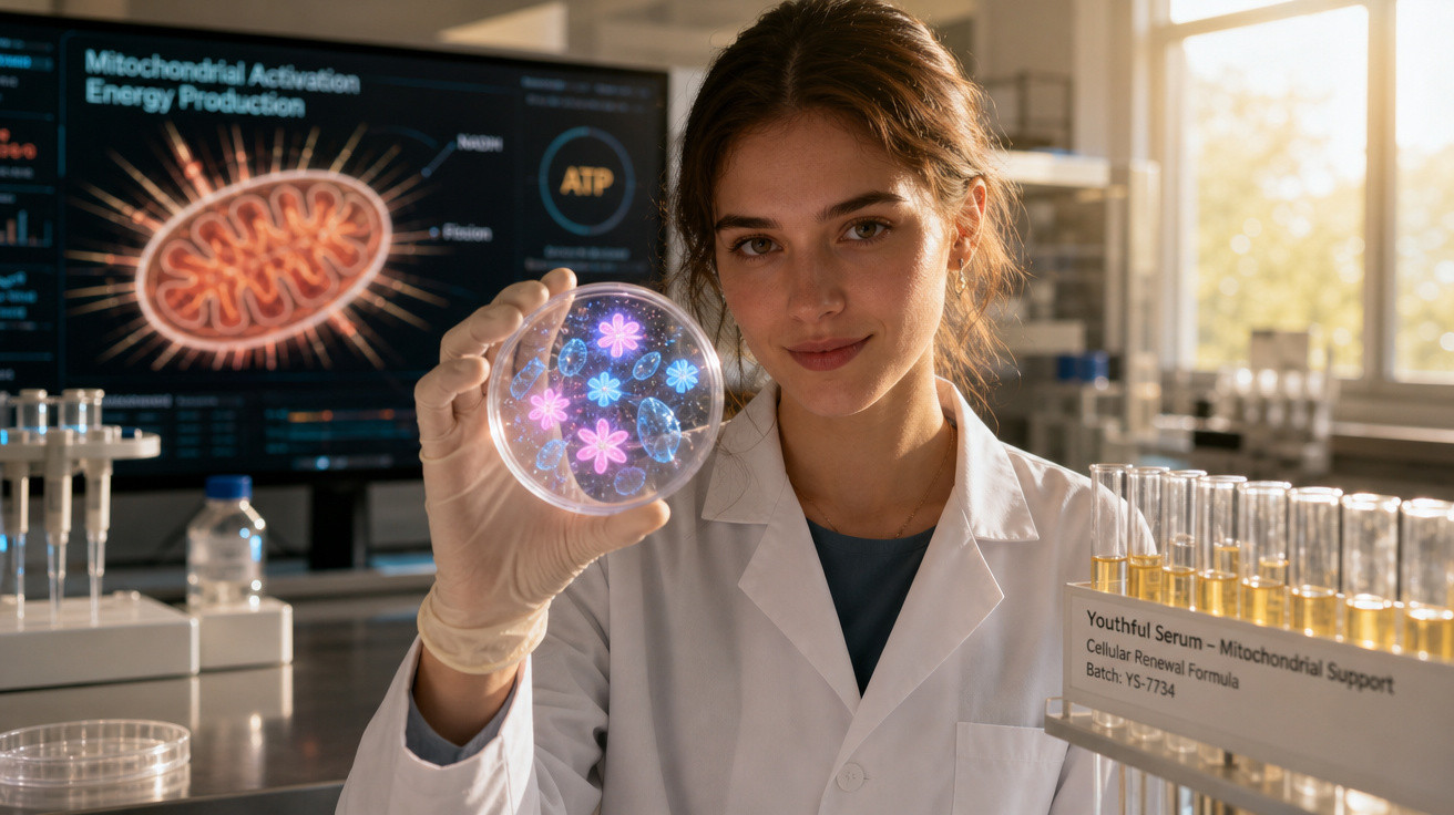 Cientista em laboratório segura placa de Petri com imagens de células fluorescentes coloridas.