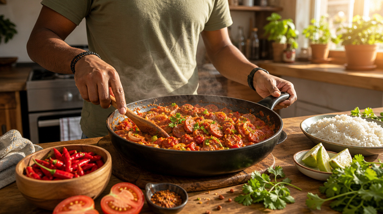 Pessoa a cozinhar um prato com linguiça e molho de tomate numa frigideira, rodeada de ingredientes frescos.