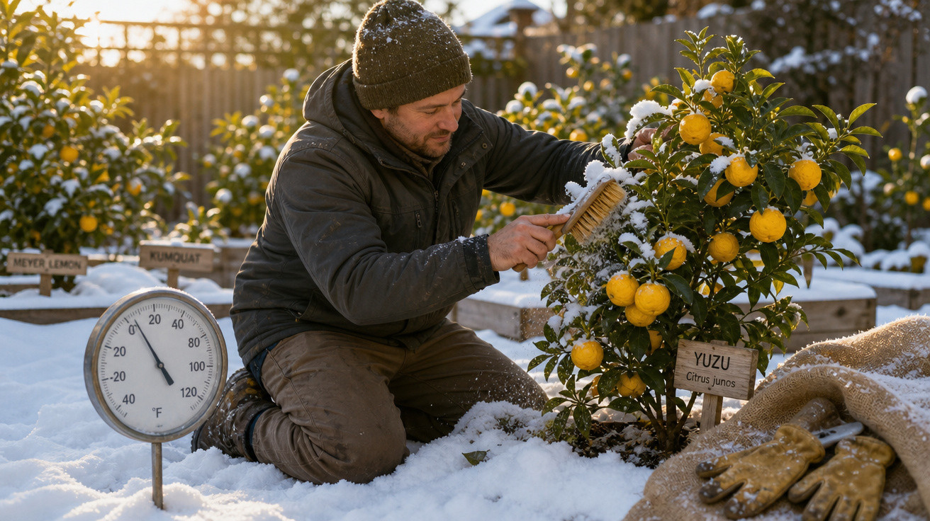 Homem limpa neve de árvore de yuzu num pomar com várias plantas citrinas cobertas de neve.