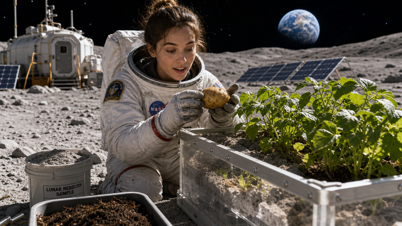 Astronauta feminina colhe batata cultivada em caixa de vidro na superfície lunar com Terra visível ao fundo.