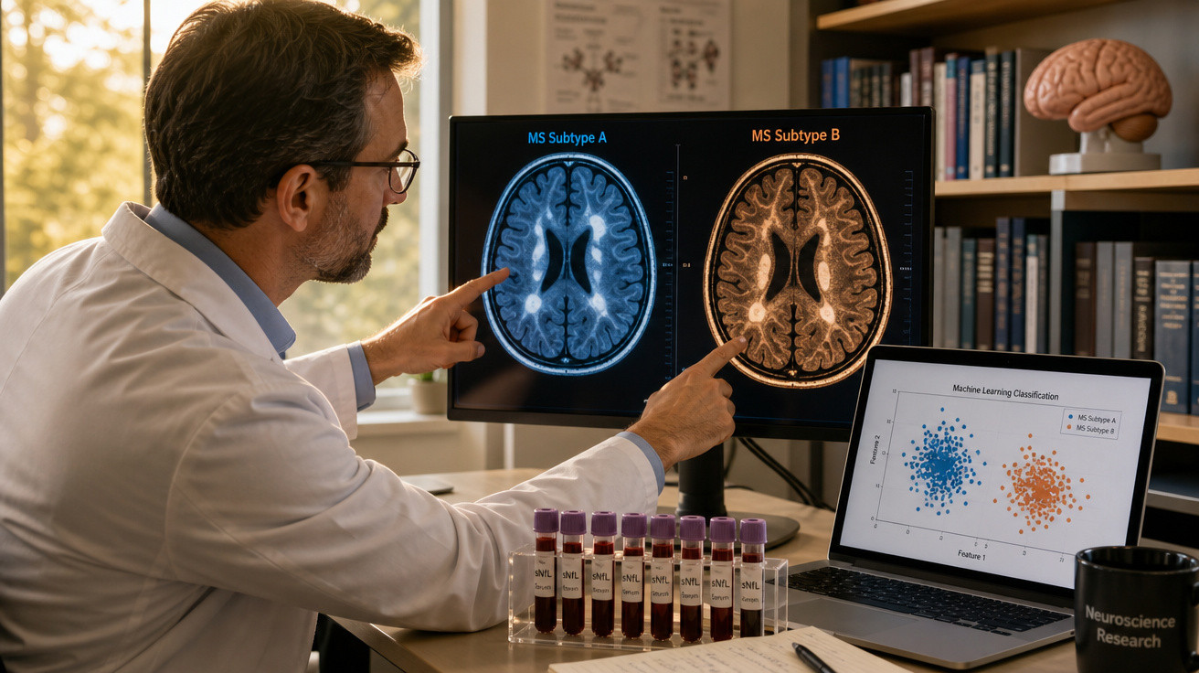 Médico analisa imagens ao computador de diferentes subtipos de esclerose múltipla no cérebro.