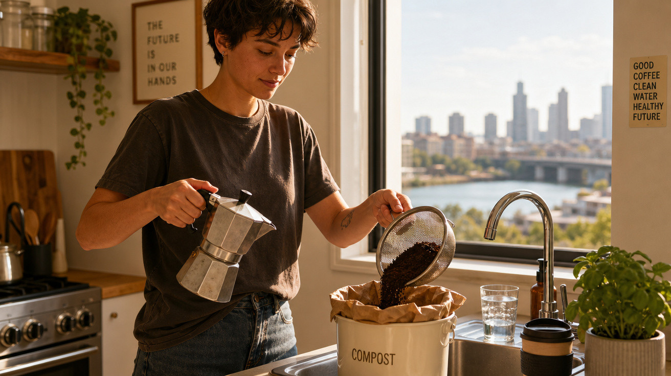 Pessoa a colocar borra de café num balde de compostagem numa cozinha com vista para a cidade.