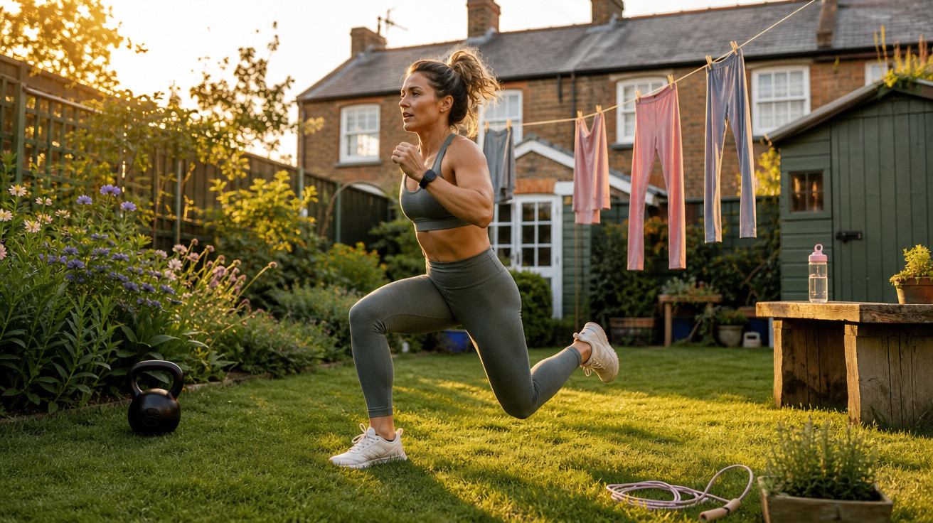 Mulher a fazer exercício de afundo no jardim de casa ao fim da tarde, rodeada de plantas e roupa no estendal.