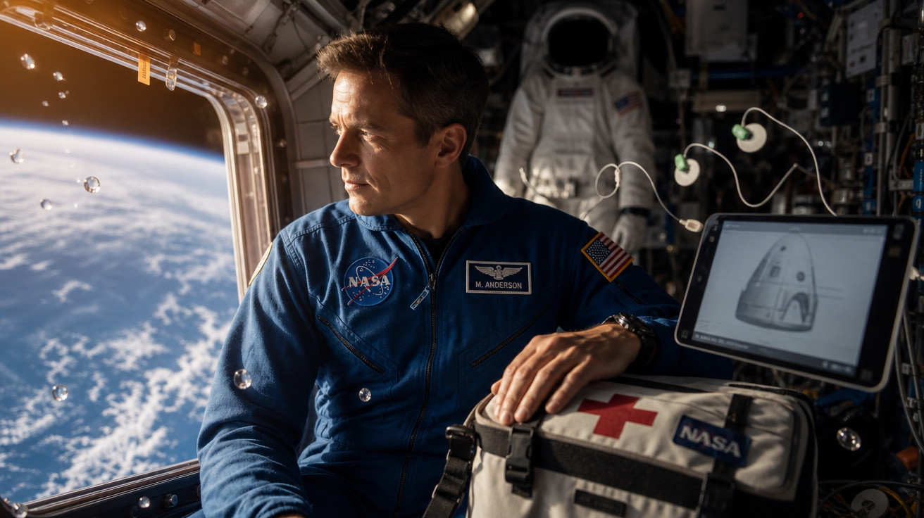 Astronauta da NASA na estação espacial, olhando pela janela para a Terra distante e segurando uma mochila médica.