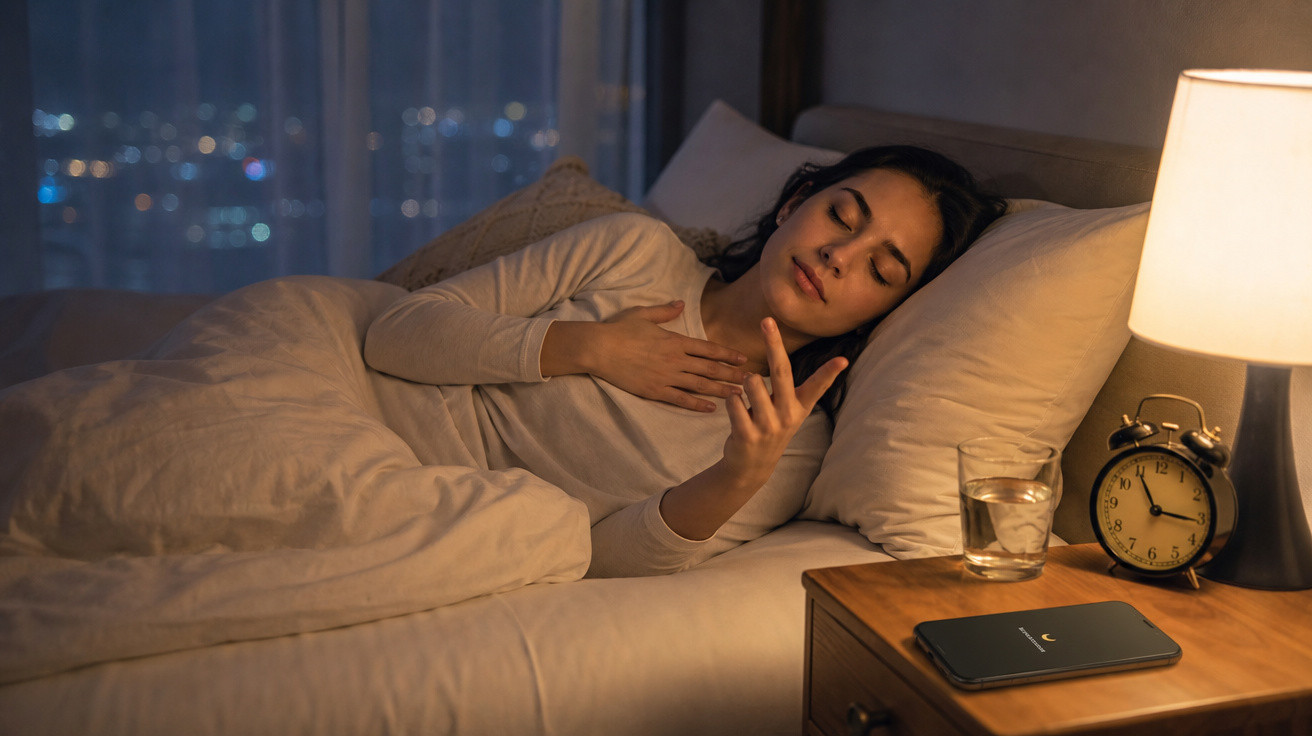 Mulher deitada na cama a verificar a hora no relógio do seu smartwatch durante a noite.