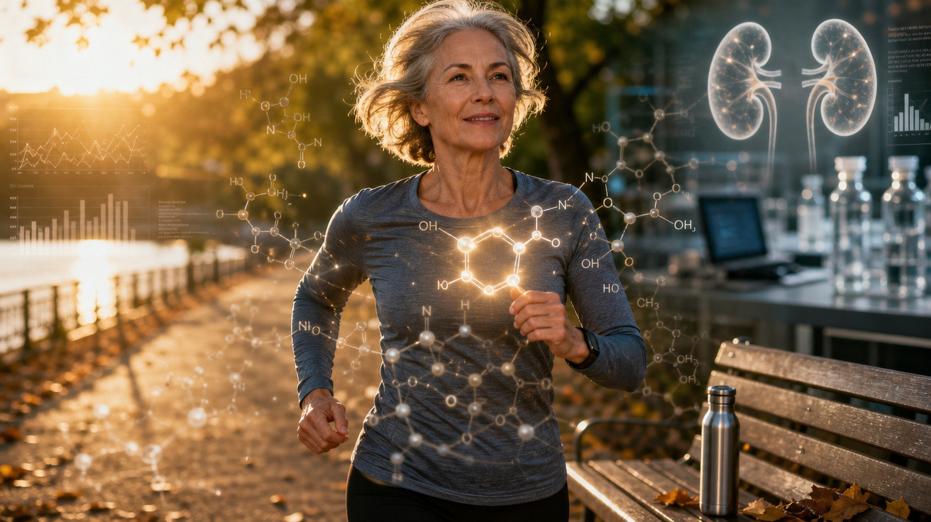 Mulher sénior a correr ao ar livre ao pôr do sol com gráficos científicos e ilustrações de rins sobrepostos.