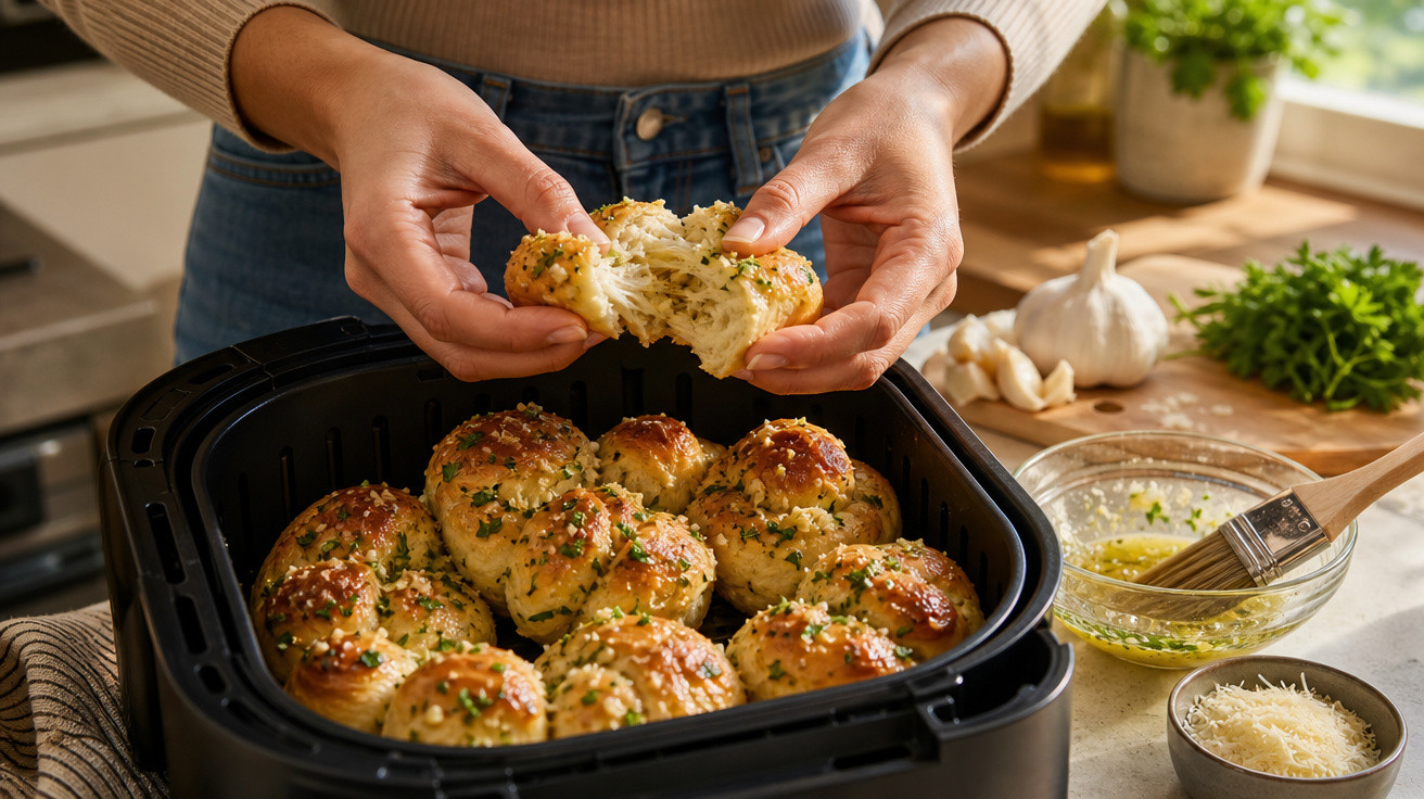 Mãos a partir um pão de alho húmido e quente numa cesta preta com pão de alho e especiarias.