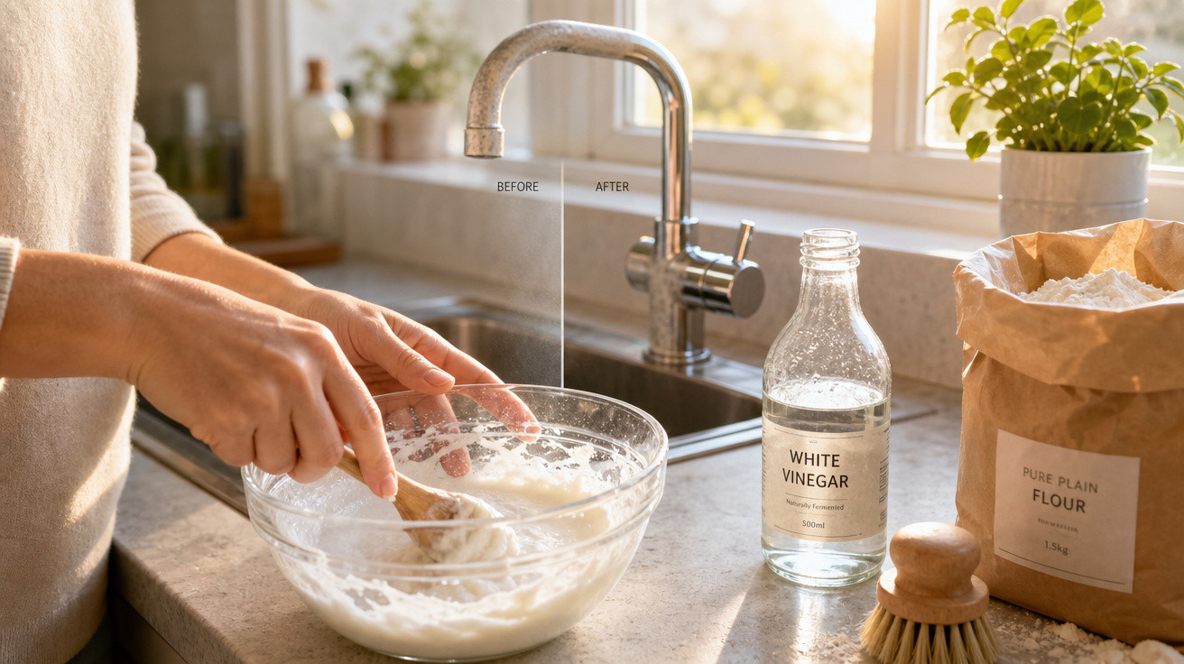 Pessoa a mexer mistura numa taça de vidro junto a bancada de cozinha com vinagre branco e farinha.