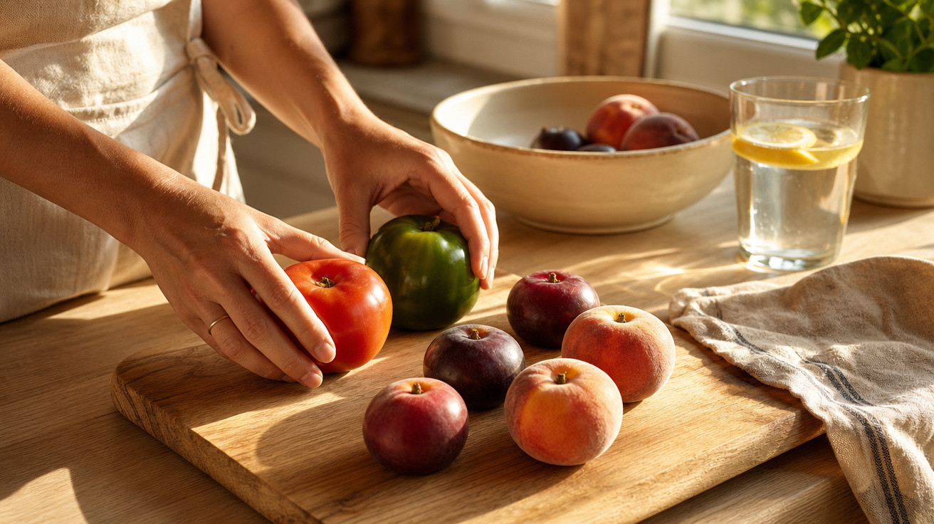 Mãos a organizar frutos numa tábua de madeira numa cozinha com luz natural e copo de água com limão.