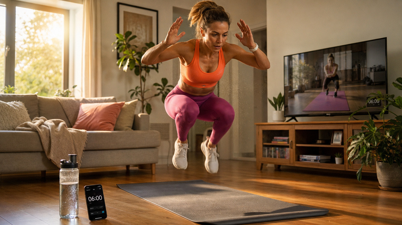 Mulher a fazer exercício de salto em casa com treino guiado pela televisão e cronómetro no telemóvel.