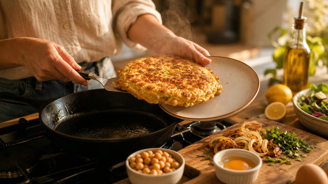 Pessoa a transferir uma tortilha dourada de uma frigideira para um prato na cozinha.