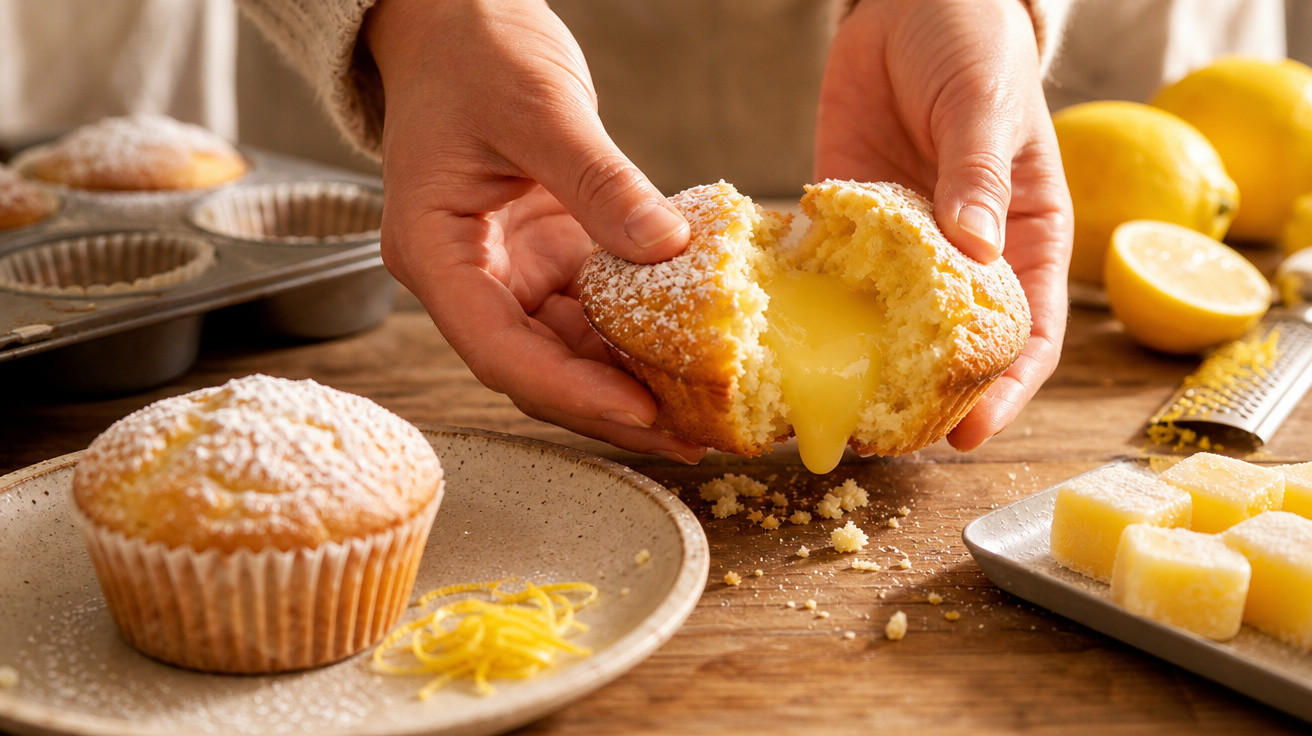 Mãos a partir um muffin com recheio cremoso de limão, em cima de mesa com muffins, limões e raspas.