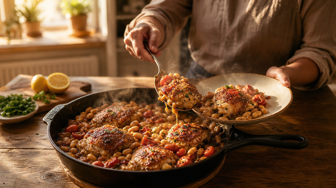 Pessoa a servir prato com frango estufado com feijão branco e tomate numa frigideira preta.