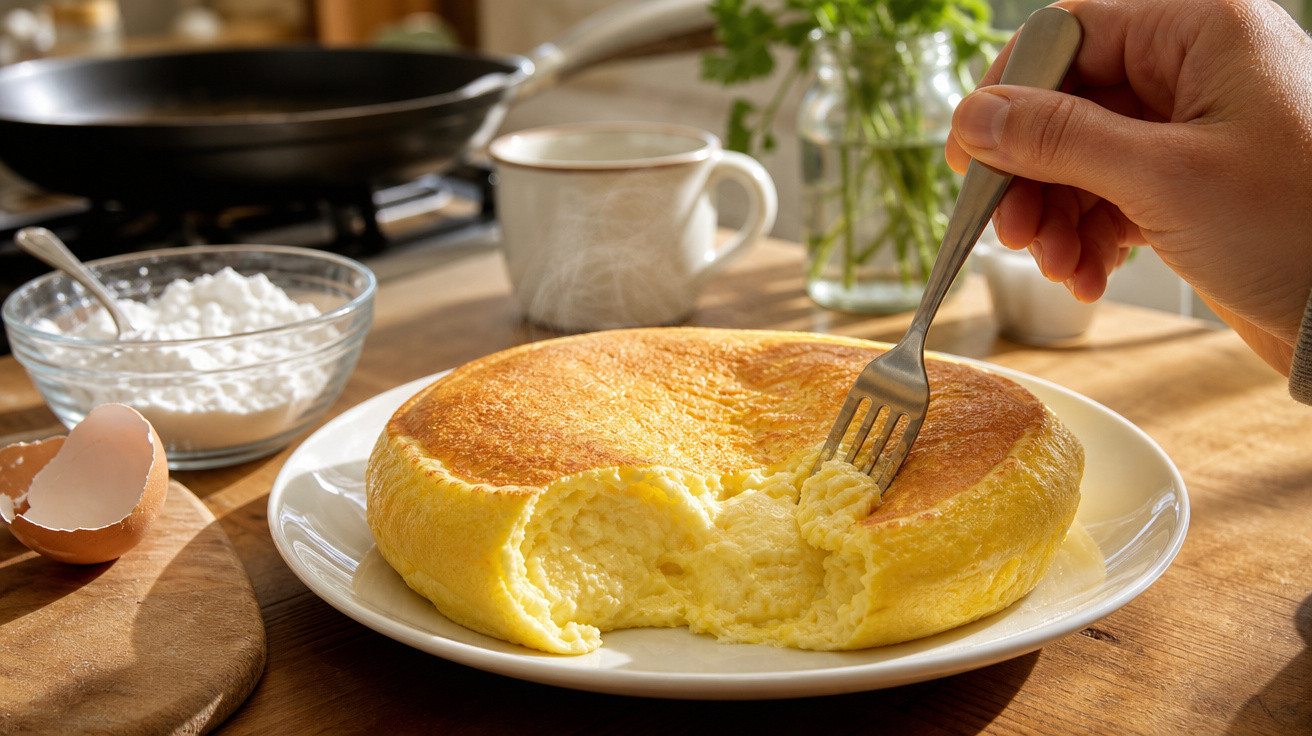 Panqueca japonesa fofa e dourada num prato branco, com mão a cortar com um garfo numa mesa de madeira.